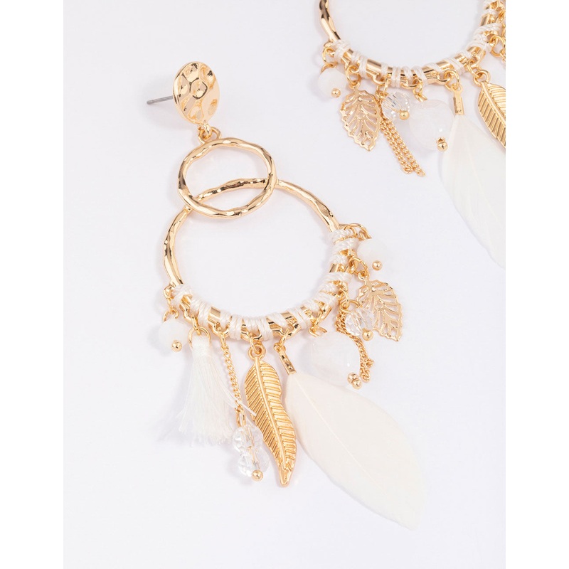 Gold Thread Feather Beaded Drop Earrings