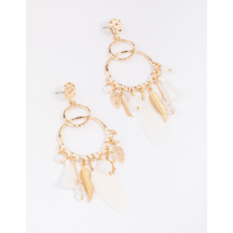 Gold Thread Feather Beaded Drop Earrings