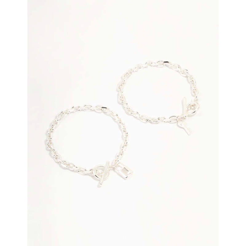 Silver Chunky Lock & Key Bracelets 2-Pack