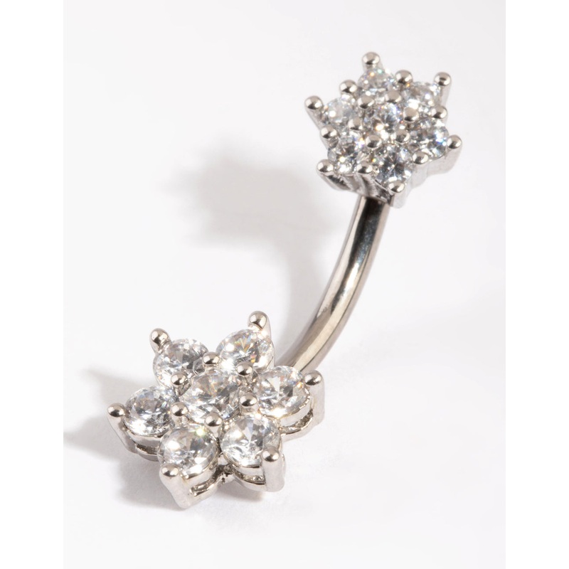 Titanium Double Flower Diamante Belly Ring