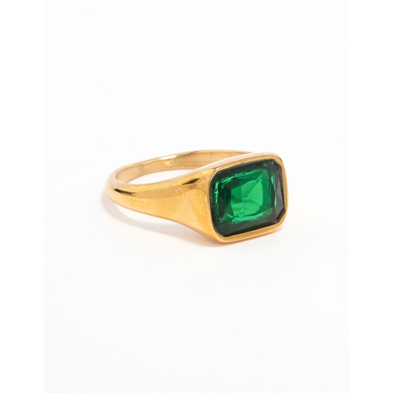 Waterproof Gold Plated Stainless Steel Opulent Green Cubic Zirconia Signet Ring