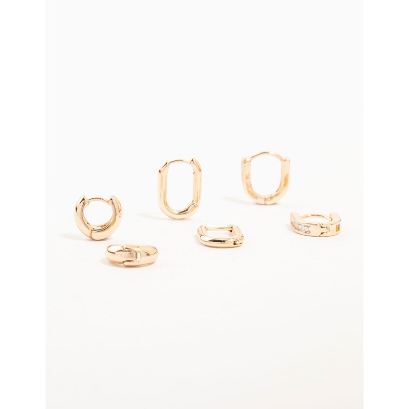 Gold Cubic Zirconia Oval Huggie Earrings 3-Pack
