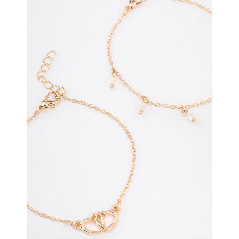 Gold Diamante Bead Link Heart Bracelet Pack