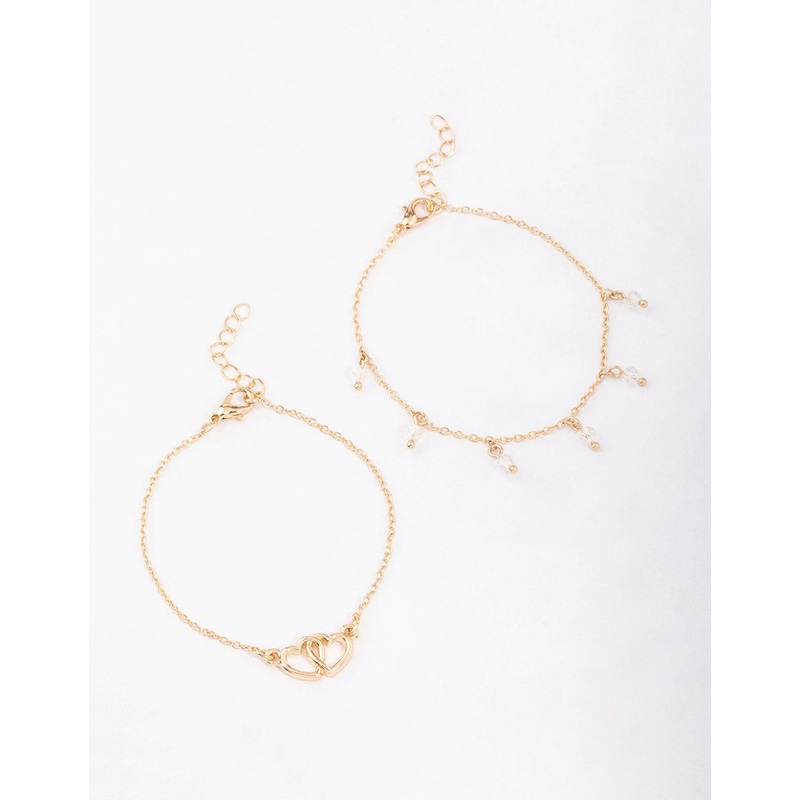 Gold Diamante Bead Link Heart Bracelet Pack