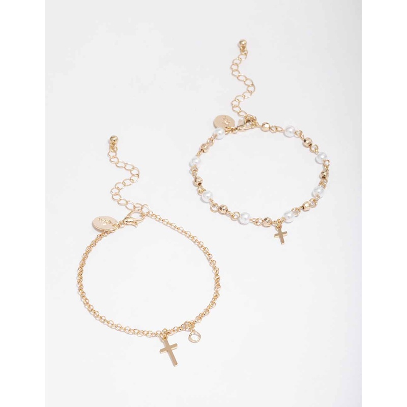 Gold Pearl Cross Charm Bracelet Pack