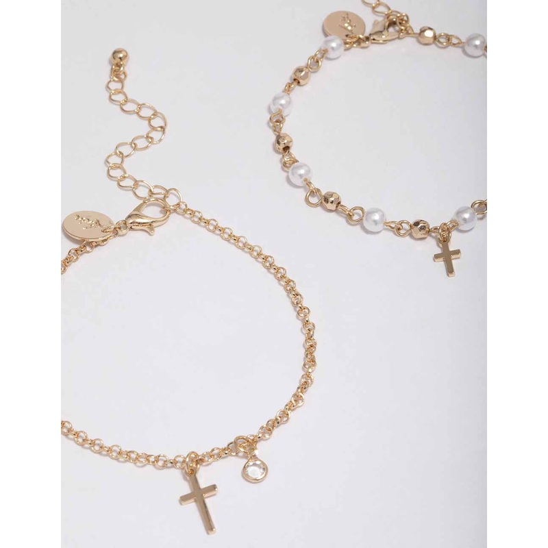 Gold Pearl Cross Charm Bracelet Pack