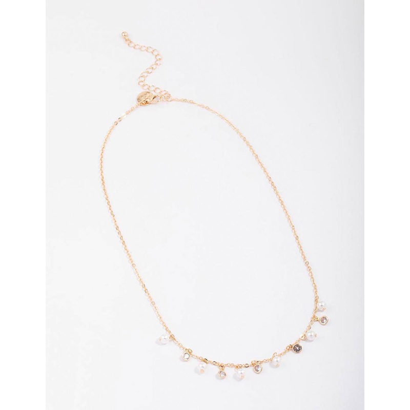 Gold Pearl & Diamante Droplet Chain Necklace