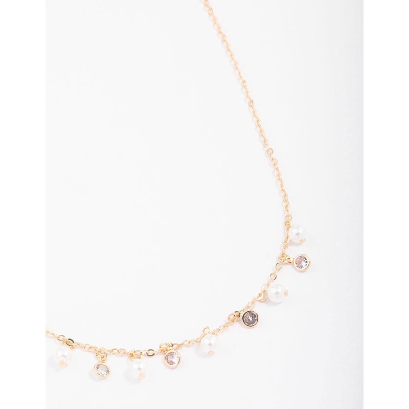 Gold Pearl & Diamante Droplet Chain Necklace