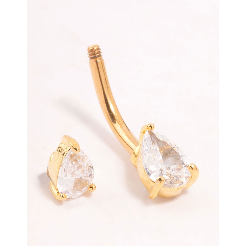 Gold Plated Titanium Double Pear Cubic Zirconia Belly Bar