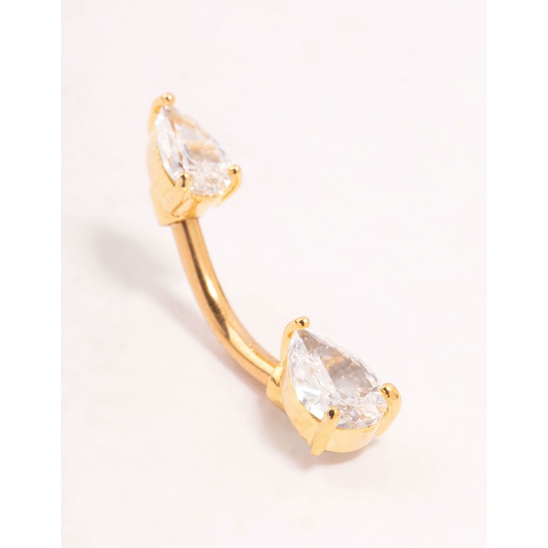 Gold Plated Titanium Double Pear Cubic Zirconia Belly Bar