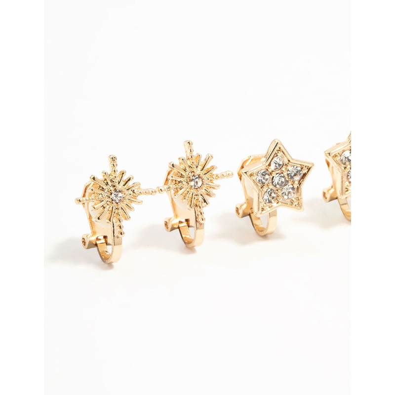 Gold Star & Moon Clip On Earrings 4-Pack