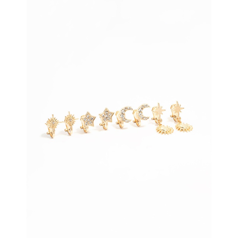 Gold Star & Moon Clip On Earrings 4-Pack
