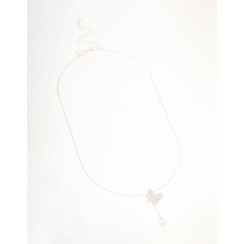 Silver Diamante Butterfly & Pearl Y-Necklace
