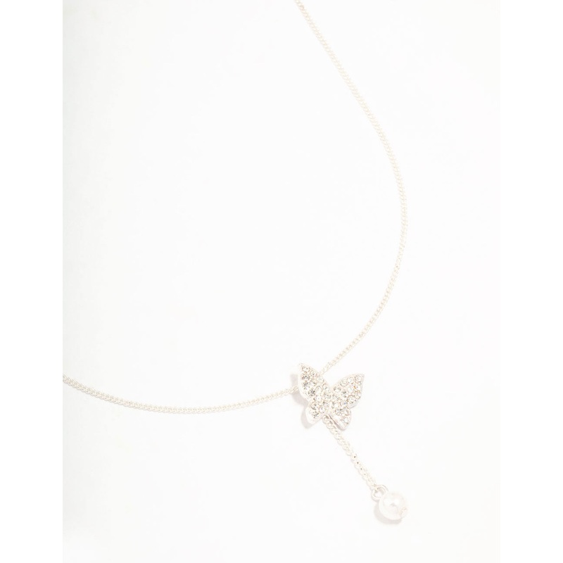 Silver Diamante Butterfly & Pearl Y-Necklace
