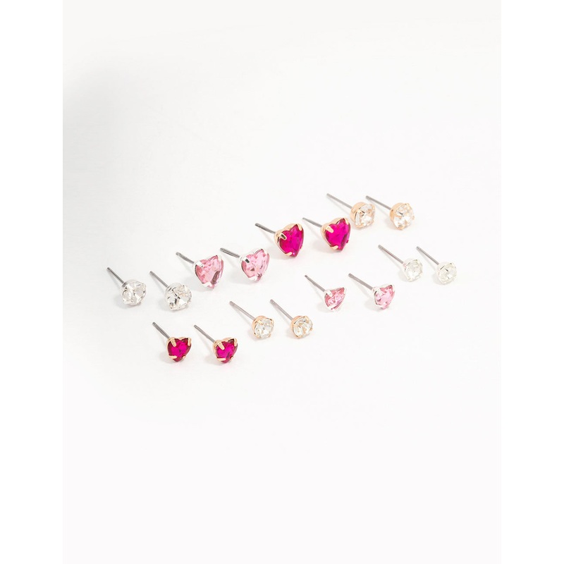 Silver Heart & Crystal Solitaire Earring 8-Pack