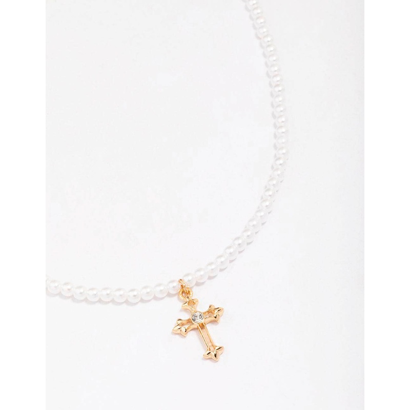 Gold Pearl Cross Pendant Necklace
