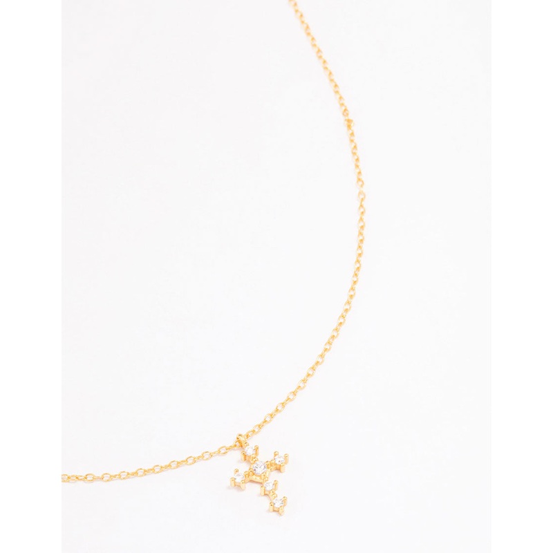 Gold Plated Sterling Silver Cubic Zirconia Round Cross Chain Necklace