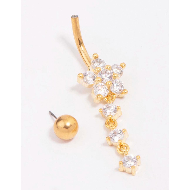 Gold Plated Titanium Cubic Zirconia Flower Belly Bar
