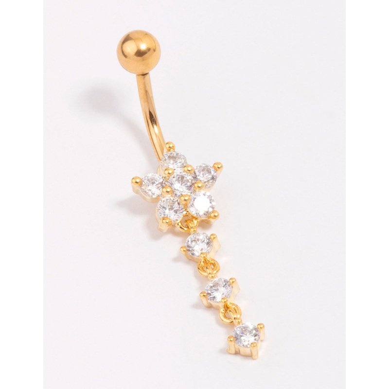 Gold Plated Titanium Cubic Zirconia Flower Belly Bar