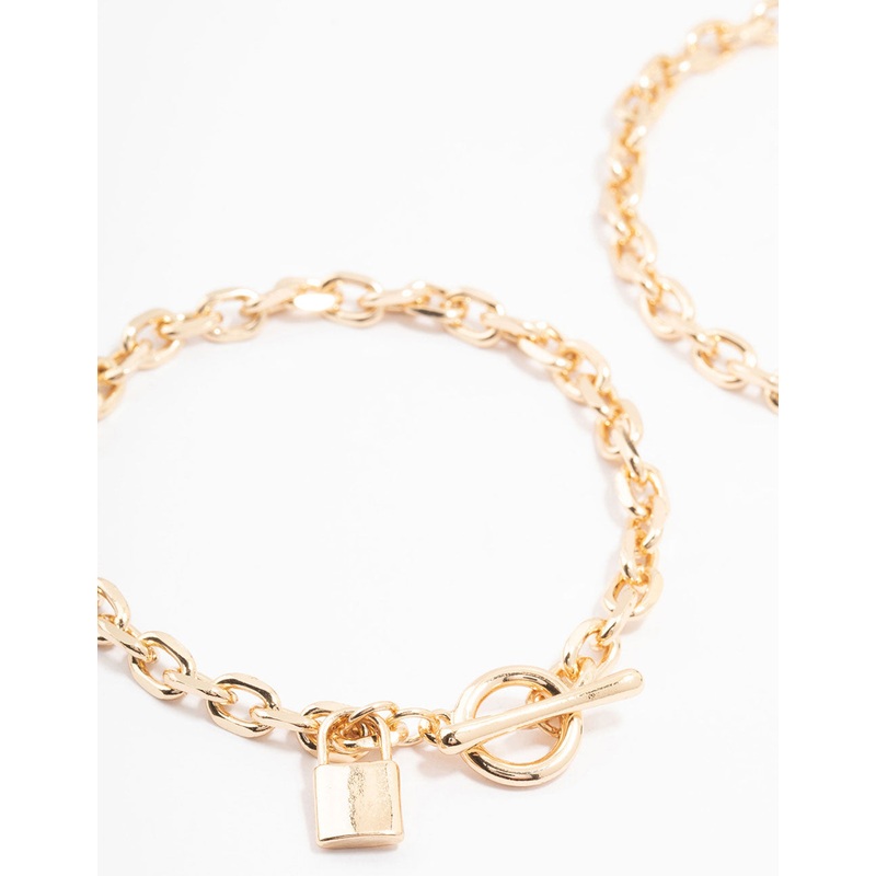 Gold Chunky Lock & Key Charm Bracelet Pack