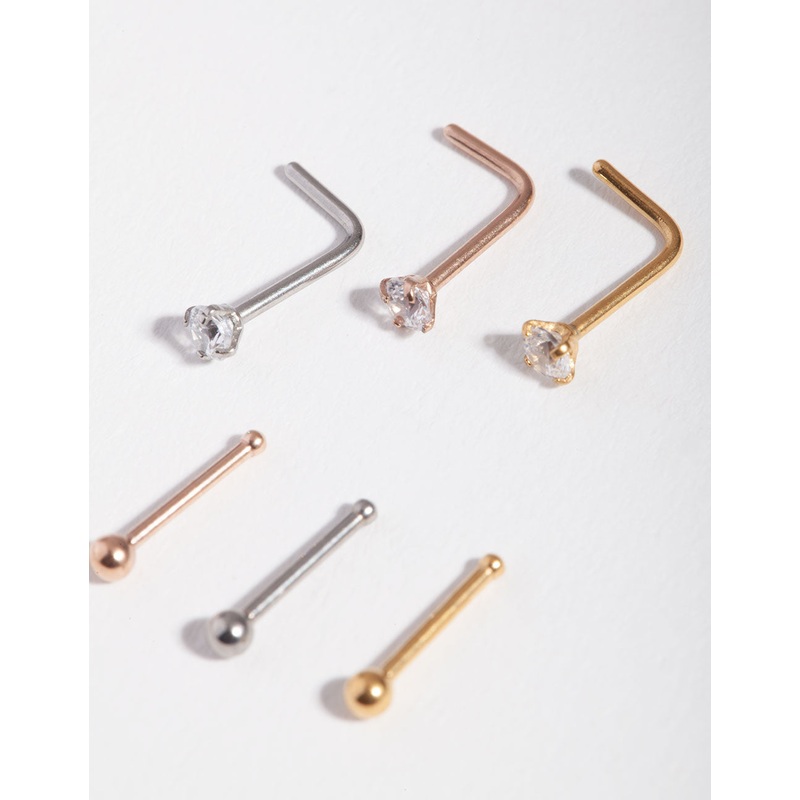 Mixed Metal Cubic Zirconia Nose Stud 6-Pack
