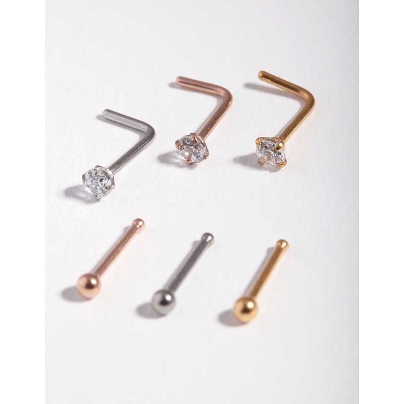 Mixed Metal Cubic Zirconia Nose Stud 6-Pack