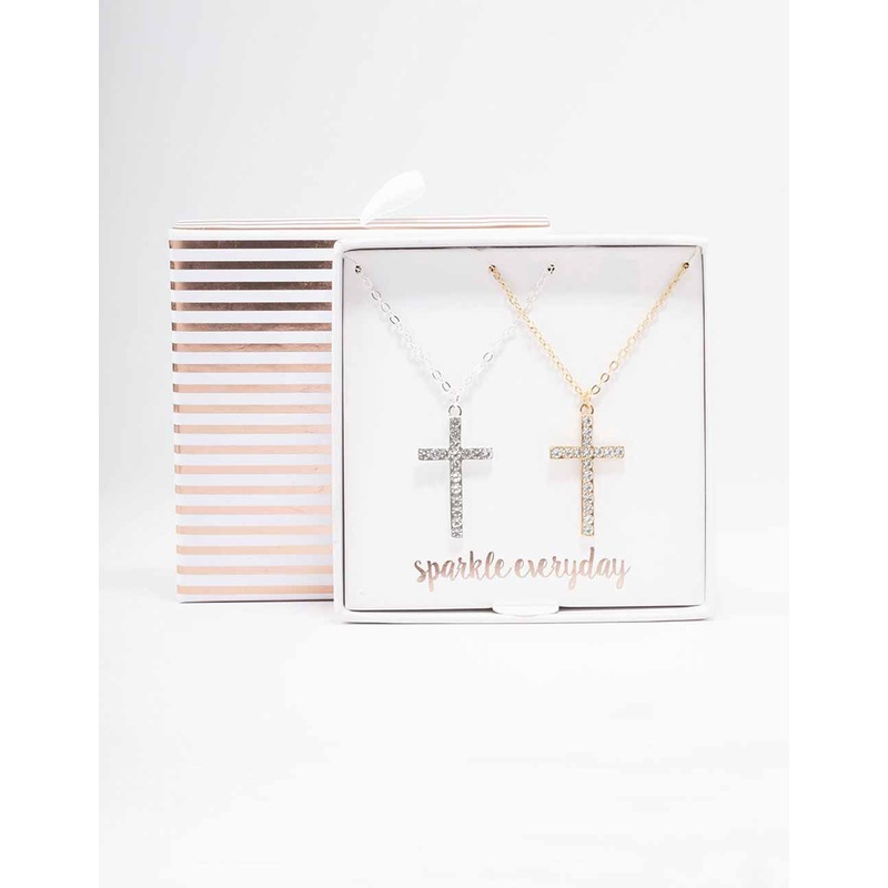 Mixed Metal Diamante Cross Necklace Pack