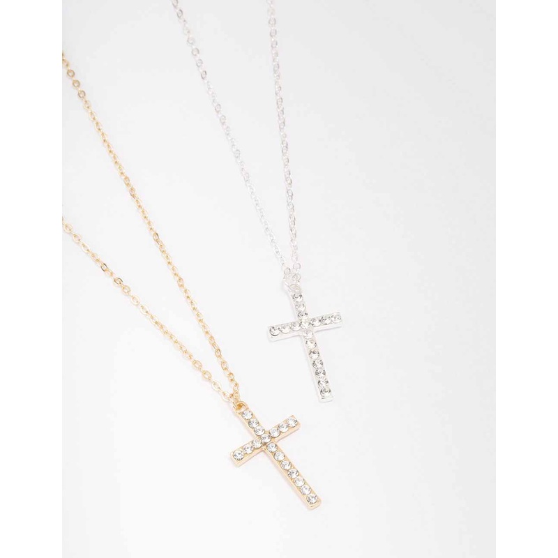Mixed Metal Diamante Cross Necklace Pack