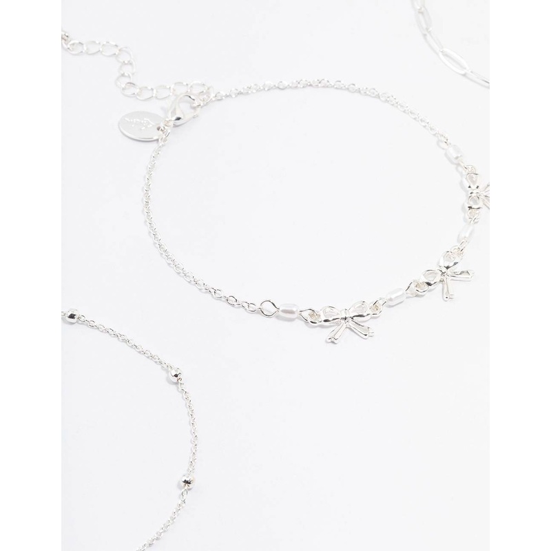 Silver Bow & Chain Mixed Anklets 3-Pack
