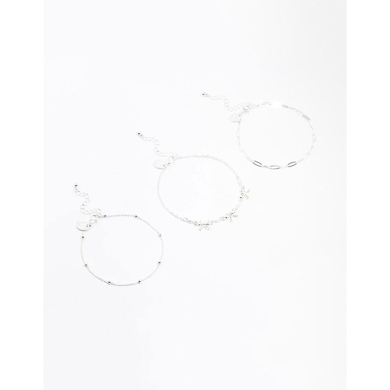 Silver Bow & Chain Mixed Anklets 3-Pack