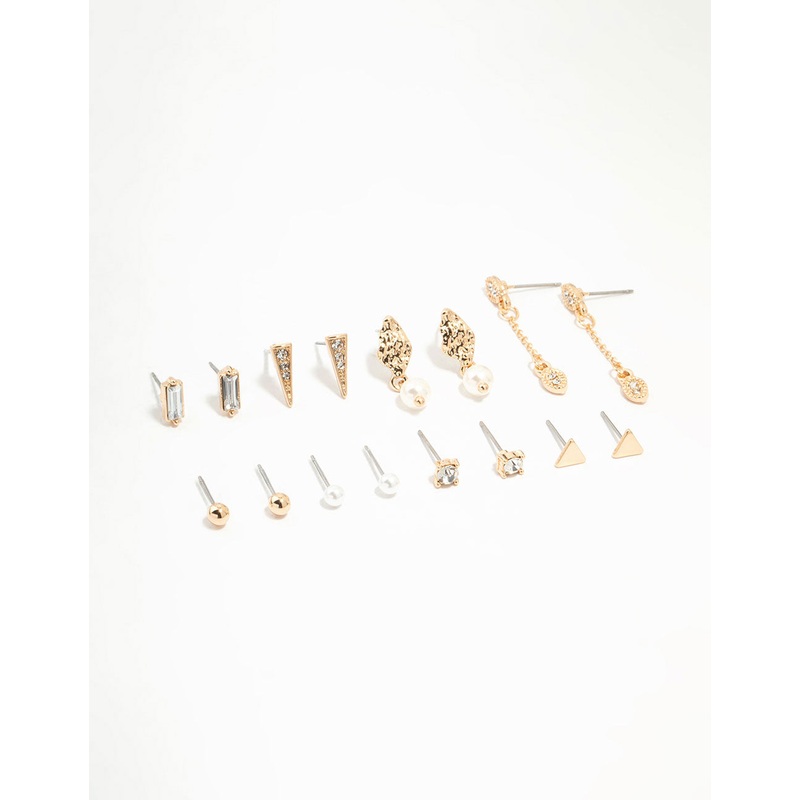 Gold Stud & Chain Earrings 8-Pack