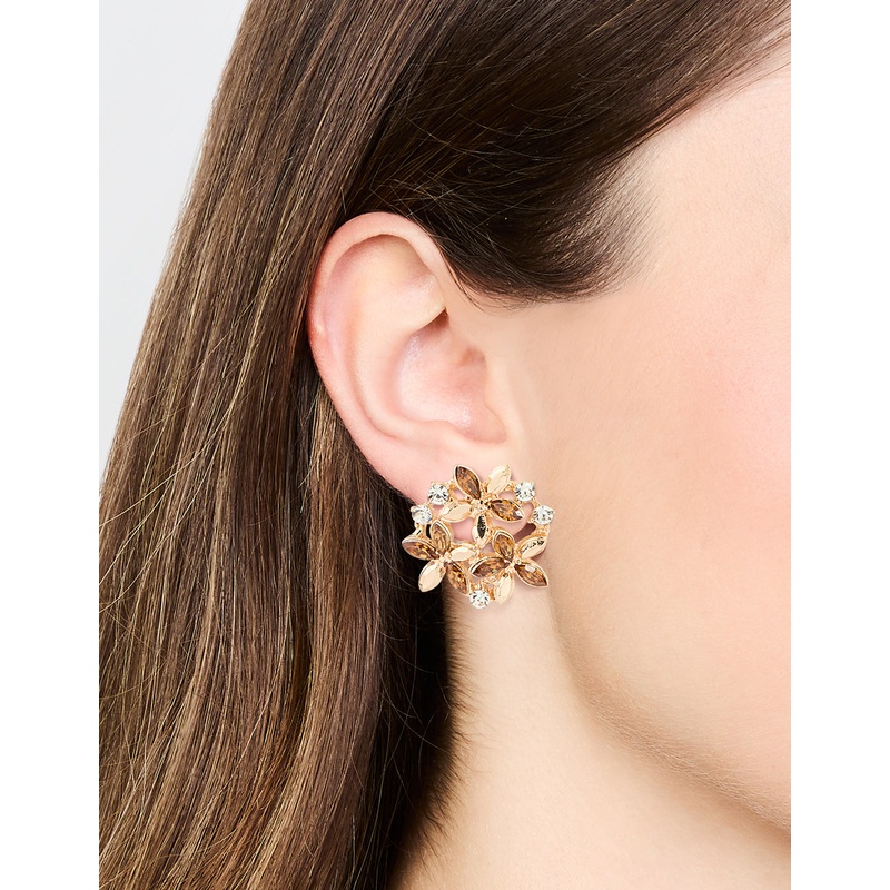 Gold Diamante Flower Cluster  Stud Earrings