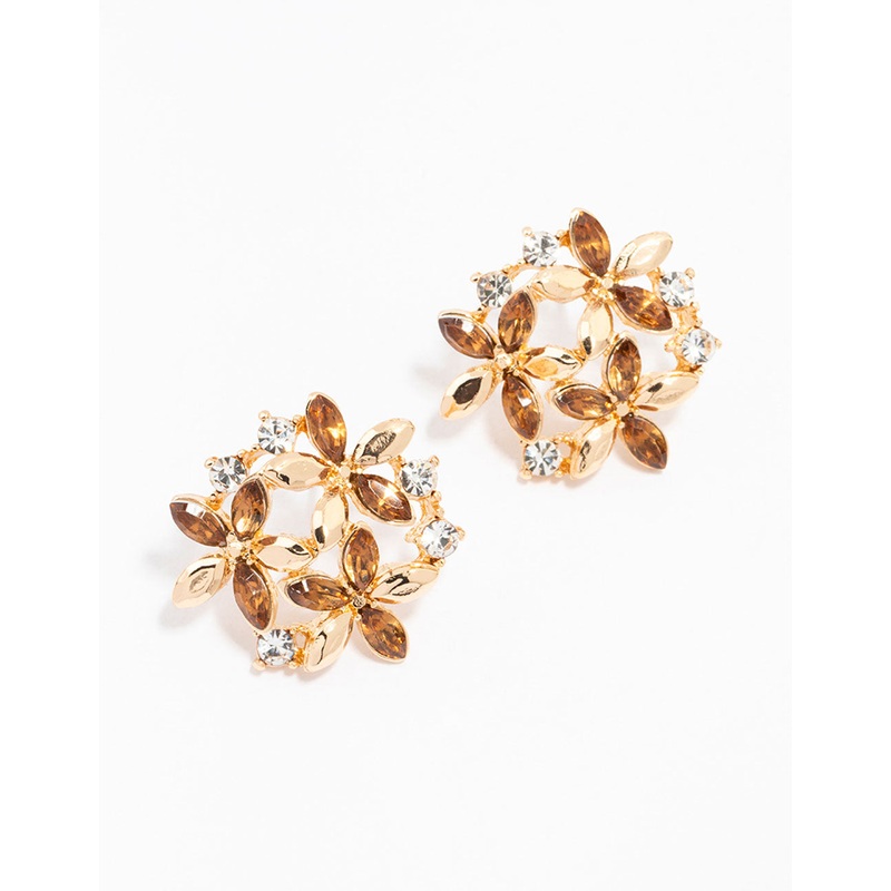 Gold Diamante Flower Cluster  Stud Earrings