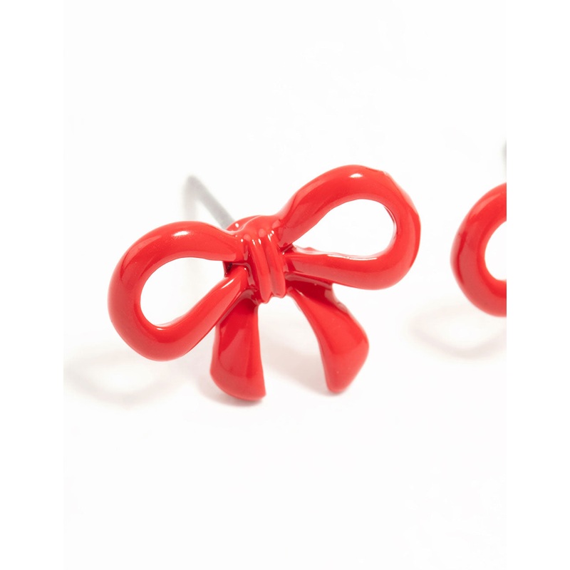 Red Coated Metal Ribbon Bow Stud Earrings