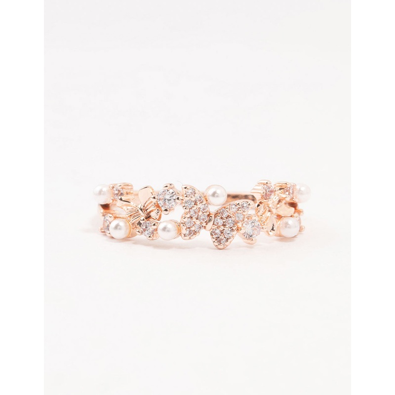 Rose Plated Gold Butterfly Pearl Band Ring