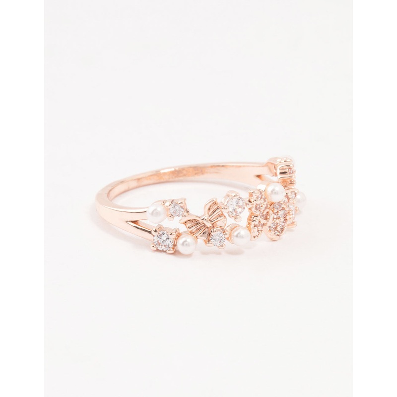 Rose Plated Gold Butterfly Pearl Band Ring