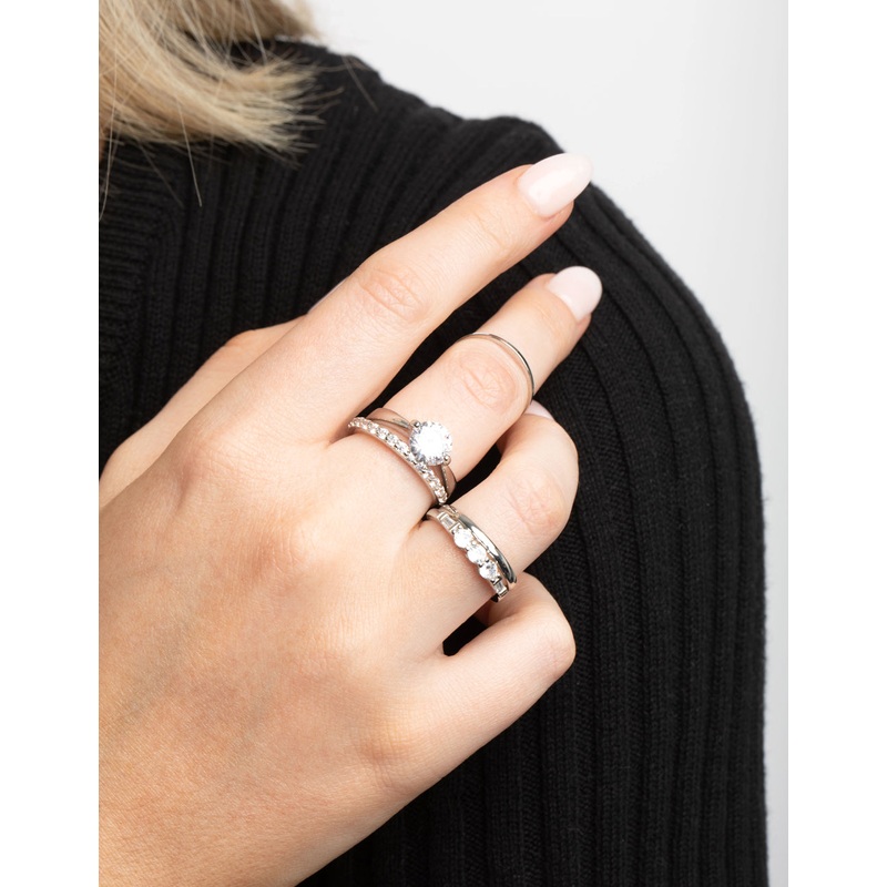 Silver Cubic Zirconia Solitaire Ring Stack Pack
