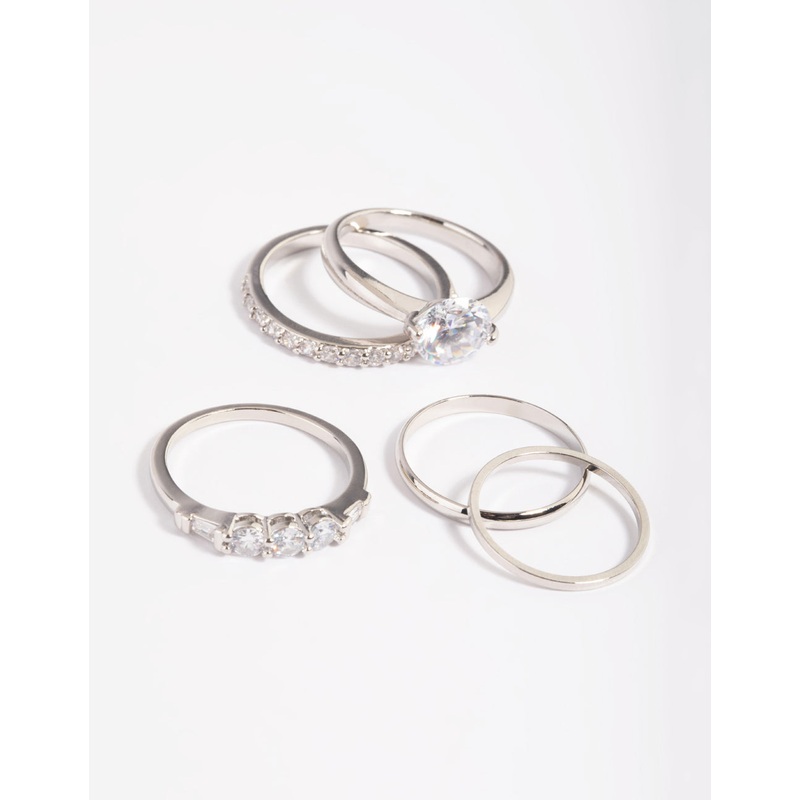 Silver Cubic Zirconia Solitaire Ring Stack Pack
