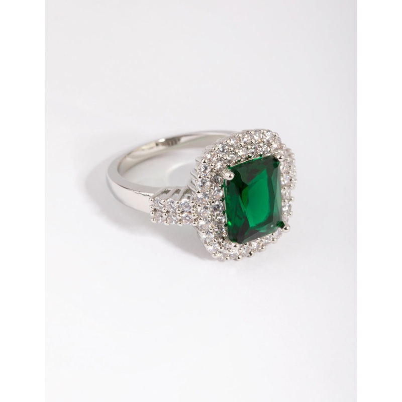 Silver Emerald Diamond Simulant Square Ring