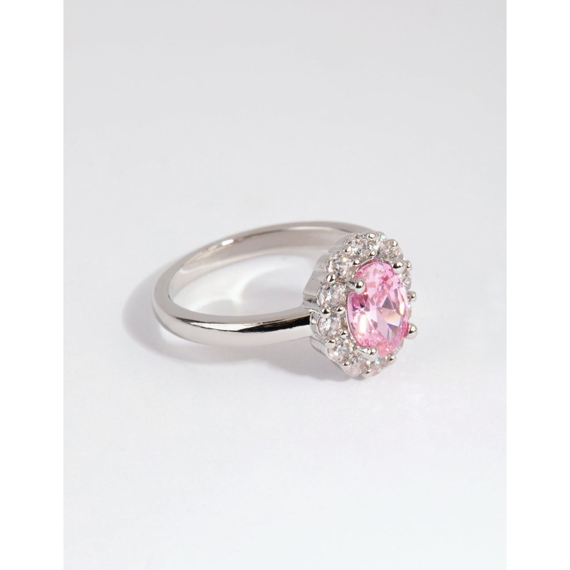 Silver Pink Cubic Zirconia Oval Ring