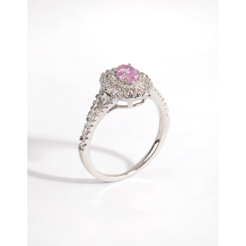 Silver Pink Diamond Simulant Oval Halo Ring