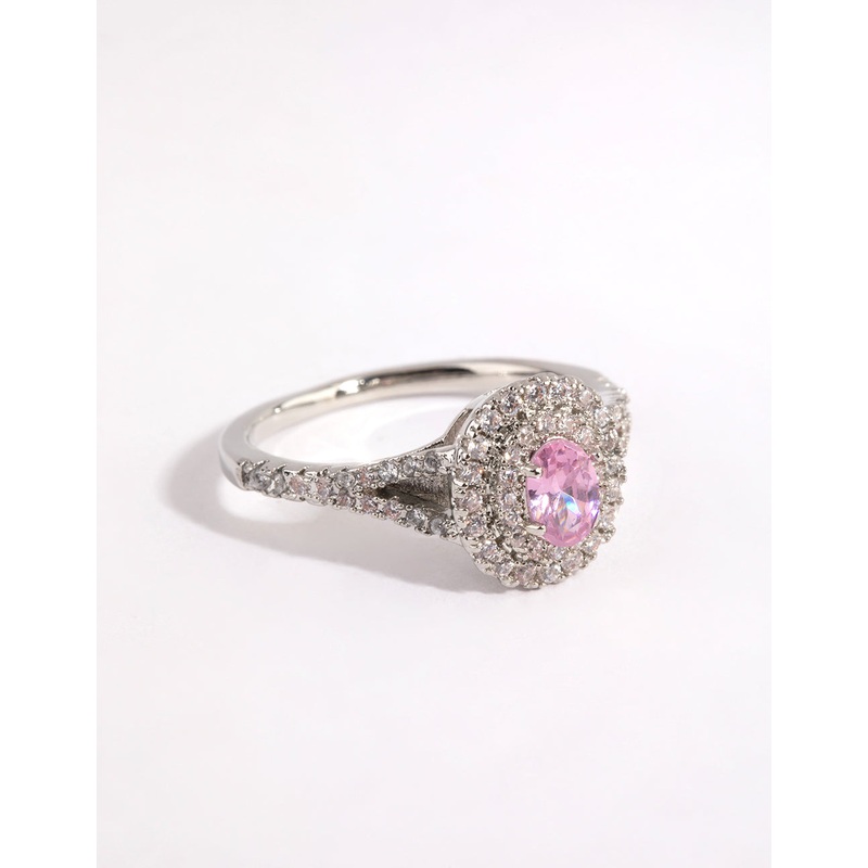 Silver Pink Diamond Simulant Oval Halo Ring