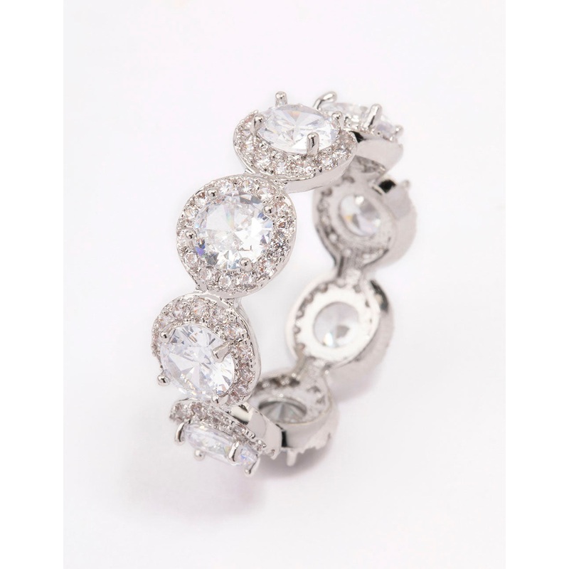 Silver Round Halo Cubic Zirconia Band Ring