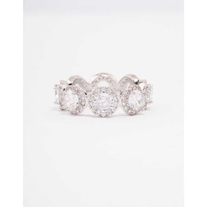 Silver Round Halo Cubic Zirconia Band Ring