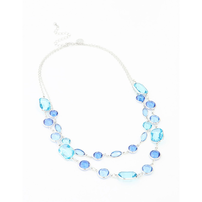 Blue Rectangle Diamante Stone Silver Layered Necklace