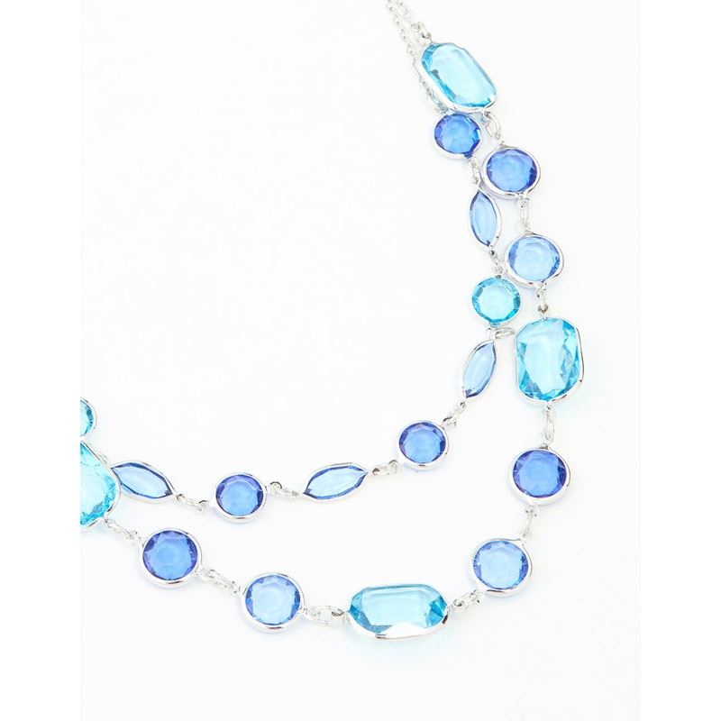 Blue Rectangle Diamante Stone Silver Layered Necklace