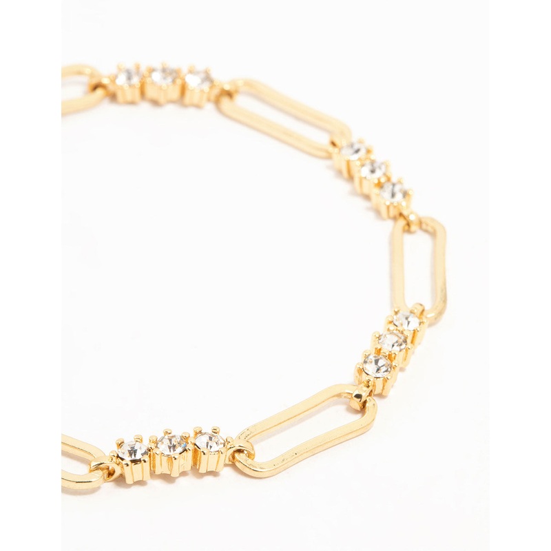 Gold Plated Brass Alternating Trio Cubic Zirconia Rectangle Link Bracelet