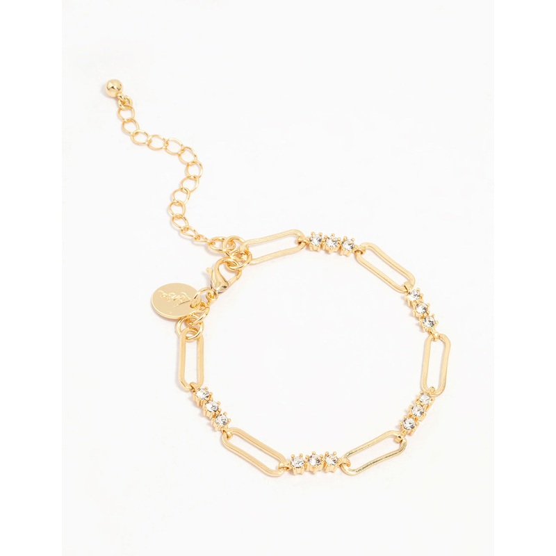 Gold Plated Brass Alternating Trio Cubic Zirconia Rectangle Link Bracelet