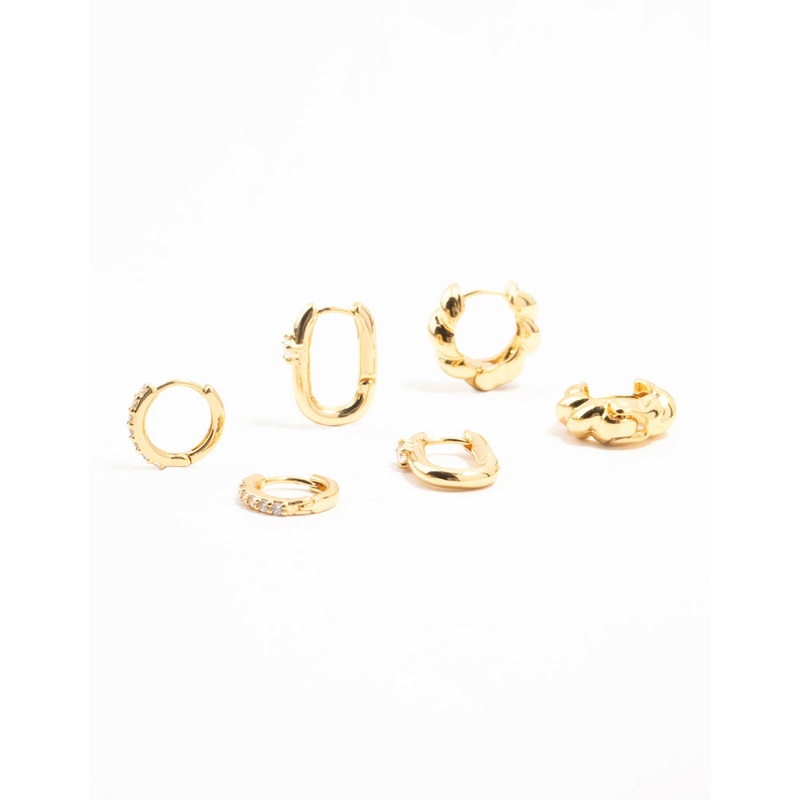 Gold Plated Brass Rope & Pave Cubic Zirconia Hoop Earrings 3-Pack