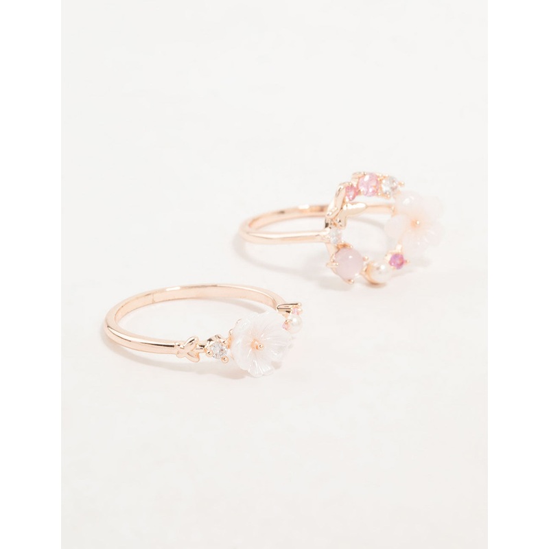 Rose Gold Flower & Circle Cubic Zirconia Rings 2-Pack